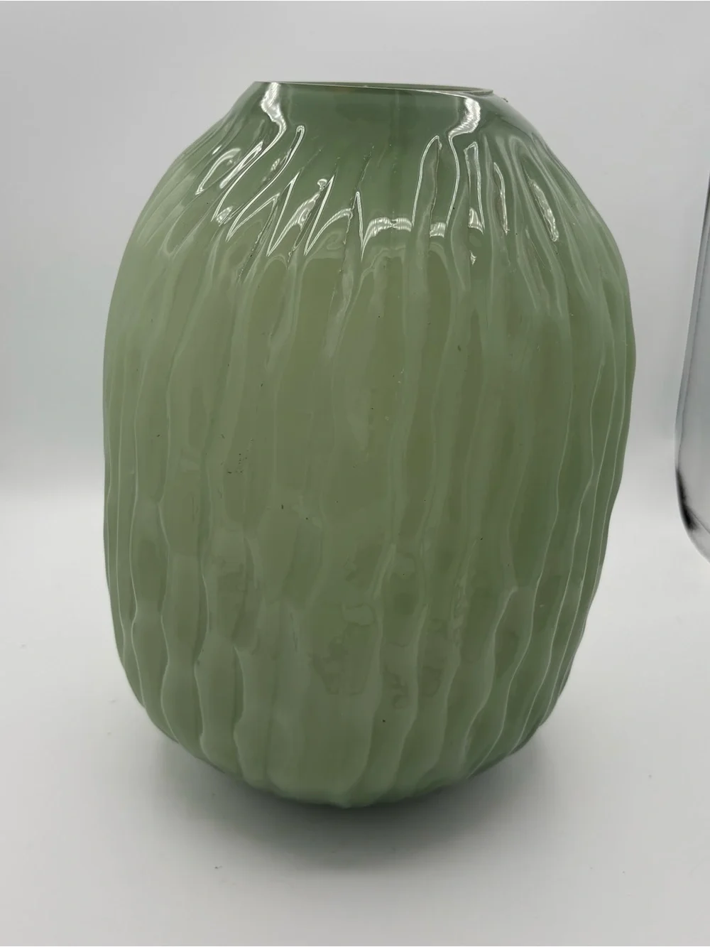 Vintage 13” Fluted Textured Green Glass Decorator Vase Decor Ribbed Heavy 7lbs